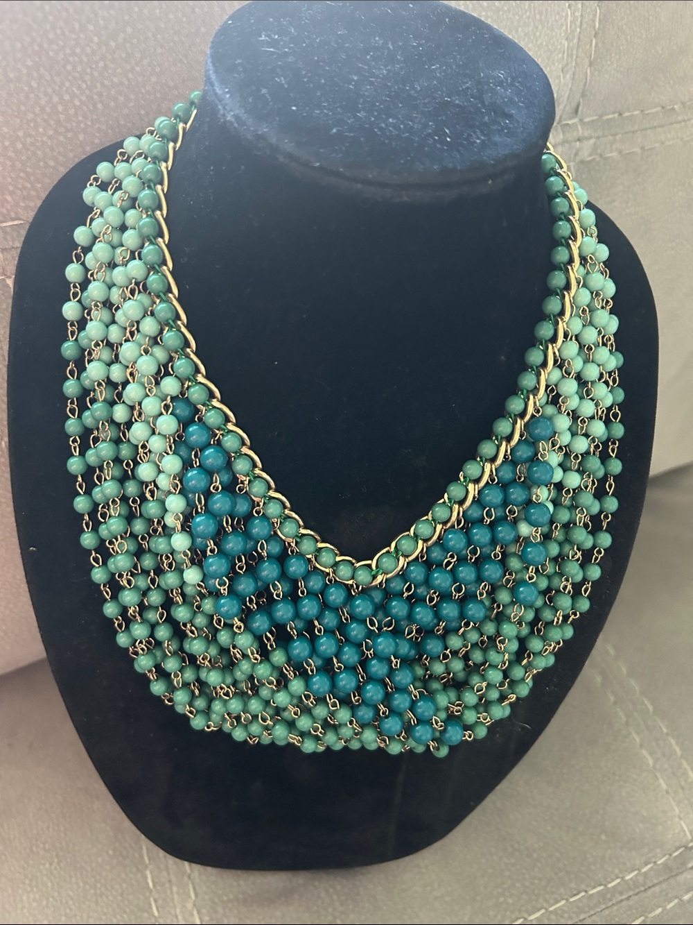 Vintage Multitier Green / Blue Beaded Statement Necklace with Gold Accents